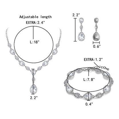EleQueen Women's Wedding Bridal Jewelry Sets for Brides Bridesmaids, Cubic Zirconia Teardrop Necklace Tennis Bracelet Dangle Earrings Jewellery Set - color: 07-Clear Silver-Tone