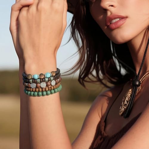 10 Pcs Stackable Bohemian Beaded Bracelets for Women Men, Nature Tree Butterfly Turquoise Wooden Beads Stretch Boho Bracelets Handmade Boho Hippie Western Chic Earthy Jewelry Gift - color: Green Beads