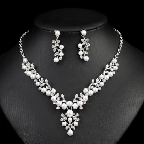 NEWITIN 15 Pieces Pearl Jewelry Set for Women Wedding Costume Accessories | Hypoallergenic, Cubic Zirconia, CZ Necklaces Earrings Bracelets Rings, Silver Jewelry for Wedding Bride Bridesmaid Party Prom - color: Silver Pearl A