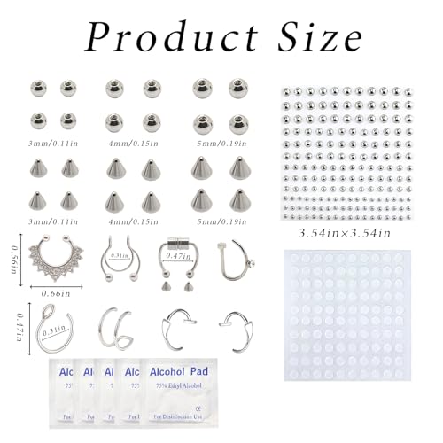 Fake Piercing Body Jewelry, Eyebrow Ring Fake Lip Labret Studs Replacement Balls Spike with Face Gems, y2k Accessories Nose Stick on Silver Belly Button Sticker for Women Men