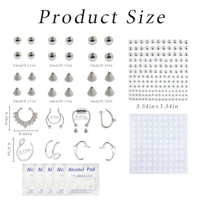 Fake Piercing Body Jewelry, Eyebrow Ring Fake Lip Labret Studs Replacement Balls Spike with Face Gems, y2k Accessories Nose Stick on Silver Belly Button Sticker for Women Men