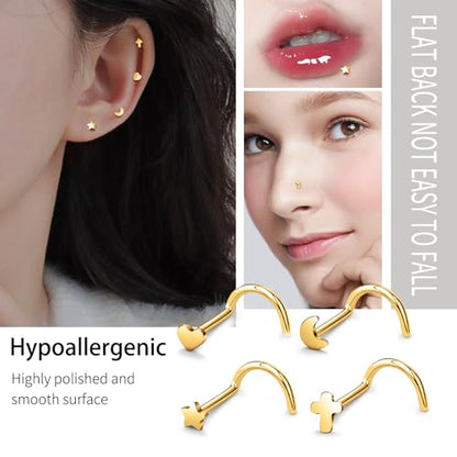 20G Nose Rings for Women, L Shaped Nostril Piercing Studs | 316L Stainless Steel, 0.8 mm×7 mm, 2 mm CZ or 3-4 mm Heart, Star, Moon and Cross, Gold-Tone or Silver-tone, Daily Wear - style: Gold Style A