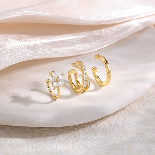 14K Gold Plated Ear Cuff Earrings for Women, Dainty Ear Cuffs Clip on Earrings Non Piercing Trendy Cubic Zirconia Cartilage Hoop Earring Fashion Jewelry Sets for Women - color: 3PCS/5 Flower