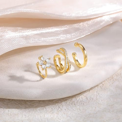 14K Gold Plated Ear Cuff Earrings for Women, Dainty Ear Cuffs Clip on Earrings Non Piercing Trendy Cubic Zirconia Cartilage Hoop Earring Fashion Jewelry Sets for Women - color: 3PCS/5 Flower