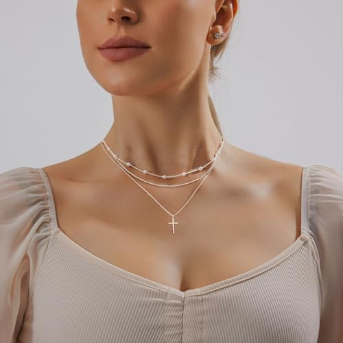 Airmb Cross Necklace for Women Gold/Silver Plated Layered Dainty Cross Chain Trendy Choker Satellite Charm Small Crucifix Pendant Gold/Silver Necklace Stackable Hypoallergenic Delicate Gift for Women - color: Silver-3PCS Cross
