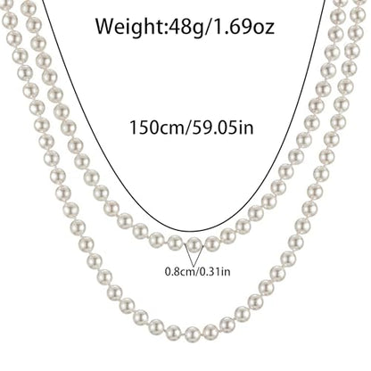 Long Pearl Necklace for Women 59" Faux White Pearls Necklaces Black Bow Pearl Beads Necklace 1920s Statement Bride Wedding Jewelry Gifts - color: White Pearl Necklace
