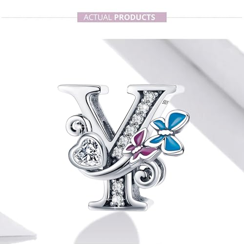S925 Silver Butterfly Initial Letter Charms Fit for Pandora Charms Bracelets and Necklace Alphabet Bead Charms Jewelry Gifts for Women - color: Y