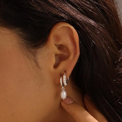 Gold Plated Earrings for Women, 14k Gold Plated Earring Stack Hypoallergenic Pearl Drop Earring Dainty Earrings for Women Trendy Cute Small Huggie Hoop Earring Fashion Womens Jewelry - color: SET17