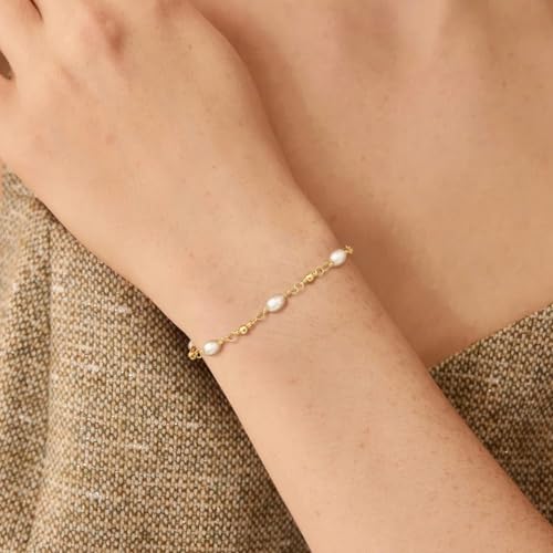 NECOCY 14K Gold Plated Pearl Bracelets for Women, Dainty Bracelets Stack Trendy Pearls Beaded Link Chain Charm Bracelets Set Layered Tiny Wedding Prom Jewelry Gift for Women Mother's Day Graduation - style: Style-11