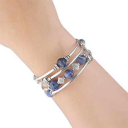 Beaded Pearl Bangle Wrap Bracelet - Fashion Bohemian Jewelry Multilayer Charm Bracelet with Thick Silver Metal Beads, Gift For Women - color: Navy Blue