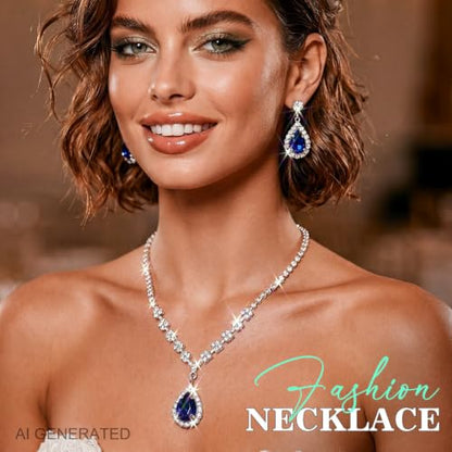 JAKAWIN Clip On Earrings and Necklace Set Silver Rhinestone Jewelry Sets - color: E Dark Blue