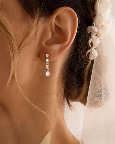14K Gold Plated/Sterling Silver CZ Pearl Drop Dangle Earrings for Women - color: Gold-4 CZ