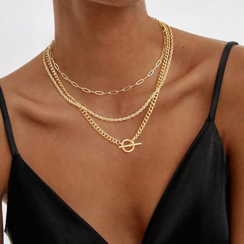 Turandoss Layered Necklaces for Women, 14K Gold Plated Chain Necklace Stack | Non Tarnish Gold Necklaces for Women, Toggle Clasp Herringbone Rope Satellite Cuban Link Chain Necklace, Trendy Jewelry Gifts - color: "paperclip+rope+toggle