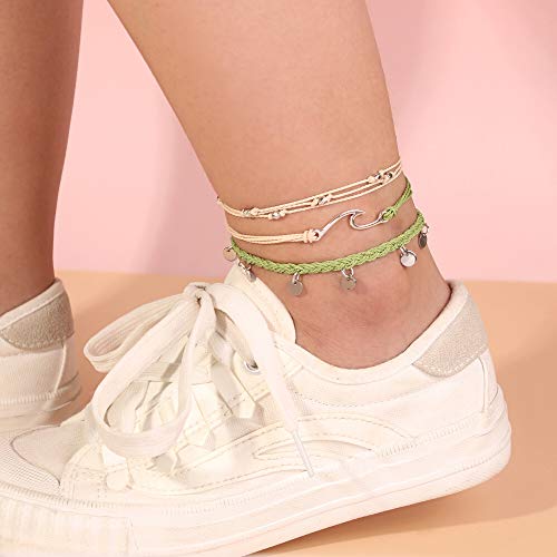 Waterproof String Anklets Cute Beaded Ankle Bracelets Beach Wave Anklet Stainless Steel Coin Boho Ankle Jewelry for Women - color: Olive