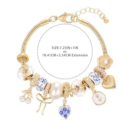 Charm Bracelet Gold Bracelets for Women Gifts | LOVE Heart Hollow Flower Bow Pink Green Square Gemstone Beaded Charm Bracelet Cute Adjustable Bracelet Jewelry - style: Blue Heart