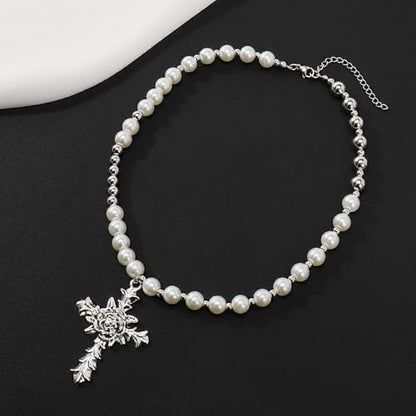 Bocar Gothic Cross Layered Pearl Necklace Chunky Statement Stacked Necklace Y2K Silver Layered Necklace for Women (NK-10769) - color: necklace