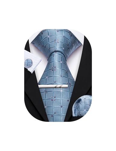 YOHOWA Men Plaid/Striped Ties Clip Set Silk Necktie Pocket Square Cufflinks | Woven Classic,Formal/Casual Mens Tie,Pocket Square Cufflinks Set,Luxury,Business,Wedding,Party,Prom,Graduation - color: Dusty Blue a