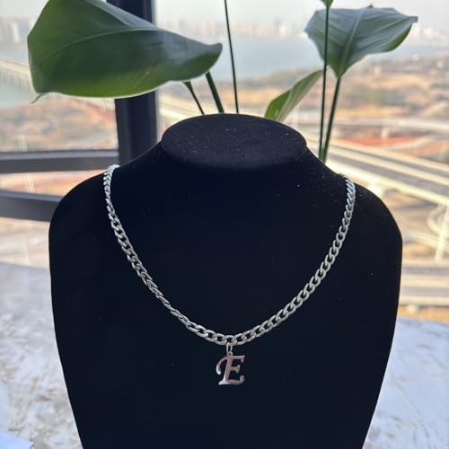 Stainless Steel Initial A-Z Necklace for Men Women,Cuban Chain,Titanium Steel Initial Letter Pendant Charm Necklaces Accessories Jewelry for Woman Man,21 Inch Chain - color: E