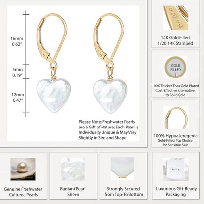 LILY LUSTRE 14k Gold Plated/Filled 925 Sterling Silver Handpicked AAAA Quality Natural White Freshwater Cultured Heart Shaped Pearl Huggie Hoop/Leverback Drop Dangle Earrings for Women - color: Gold Lever Back
