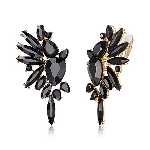 EVER FAITH Vintage Rhinestone Statement Earrings, Fashion Bling Colorful Marquise Drop Crystal Cluster Dangle Clip-on Earrings for Women - color: Black Gold-Tone