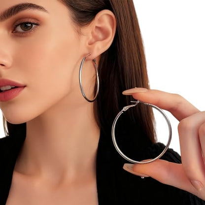 1 Pairs 60/70mm Silver 14K Gold Rose Gold Hoop Earrings for Women Hypoallergenic Stainless Steel Lightweight Big Hoops Shiny Dangle Earrings Trendy Jewelry Gifts - color: 60mm-Silver Hoop Earrings