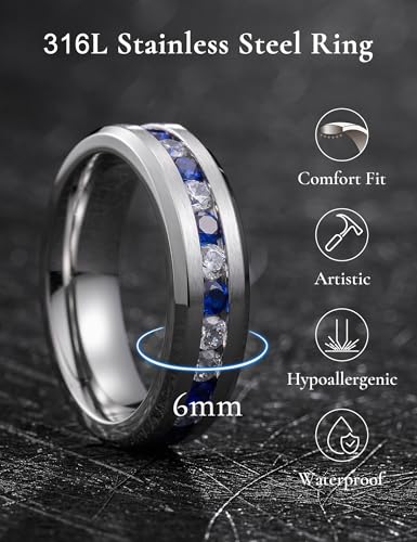 King Will 316L Stainless Steel Wedding Band for Men Cubic Zirconia Inlay | Silver-Tone, 6/7/8mm, Comfort Fit, Durable, Zirconia inlay, Promise Gift - color: Steekl-White&Blue-6mm