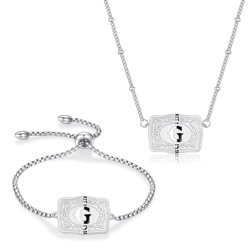 2 Pcs Belt Buckle Initial Necklace Bracelet Jewelry Set for Women, 18K Gold/Silver Plated Belt Buckle Initial A-Z Necklace Bracelet Set Unique Western Style Jewelry Gifts - style: G