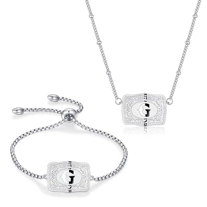 2 Pcs Belt Buckle Initial Necklace Bracelet Jewelry Set for Women, 18K Gold/Silver Plated Belt Buckle Initial A-Z Necklace Bracelet Set Unique Western Style Jewelry Gifts - style: G