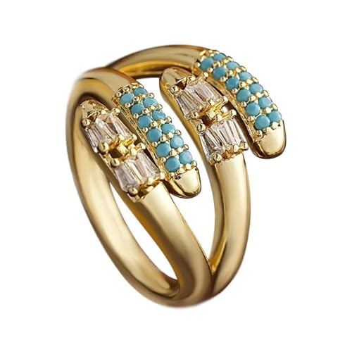 Adjustable 18K Gold Plated Open Bands Engagement Promise Ring for Women,Fashion Wrap Finger Cubic Zirconia Statement Cocktail Jewelry Gift(Blue) - color: blue