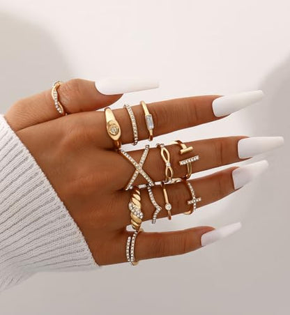iF YOU 25 Pcs Gold Stackable Ring Set for Women, Chunky Knuckle Finger Midi Rings, Silver Simple Stacking Cute Rings Pack Trendy Stuff Jewelry Gift - style: 23 Gold sparkling rings