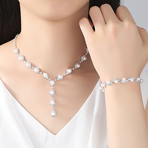 Simulated Pearl Leave Floral Bridal Jewelry Sets, Crystal Wedding Necklace Earrings Bracelet Sets Jewelry Engagement Gift - color: D-Clear