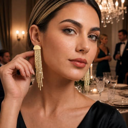 Gold Fringe Earrings for Women - Lightweight Statement Dangle Earrings with Stainless Steel Post, High Polish Long Tassel Drop Jewelry for Prom Wedding - color: Gold-streamlined