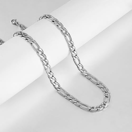 Monily 24K Gold Plated Figaro Chain Stainless Steel Necklace Men Women - color: Silver 5mm