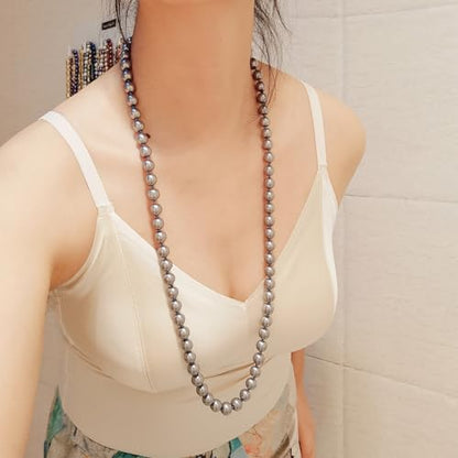 AAA+ Simulated Pearl Strand Necklace Colorful 10mm Pearls Choker Necklaces for Women 1920s Long Costume Jewelry Gift - color: long Grey 30 Inches