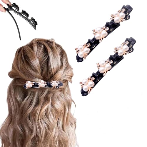 2 Pcs Sparkling Crystal Stone Braided Hair Clips, 2025 New Satin Fabric Hair Bands Rhinestone Four-Leaf Clover Hair Clip for Styling, Duck Bill Clips for Women Girls, Color B - color: Color B