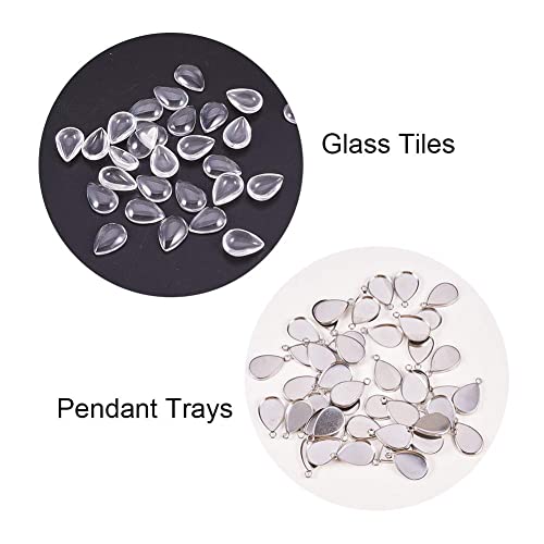 PH PandaHall 100pcs Bezel Pendant Blanks- 50pcs Drop Pendant Trays Photo Charms Cabochons Blanks with 50pcs Glass Cabochons Clear Dome for Wedding Bouquet Graduation Cap Jewelry Making, 0.69x0.4inch - color: Drop - 50 Sets