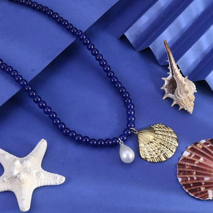 Fish Shell Necklace for Women, Beaded Necklaces Boho Statement Necklace, Pearl Necklaces Summer Beach Vacation Dress & Costume Jewelry - color: Royal Blue-shell