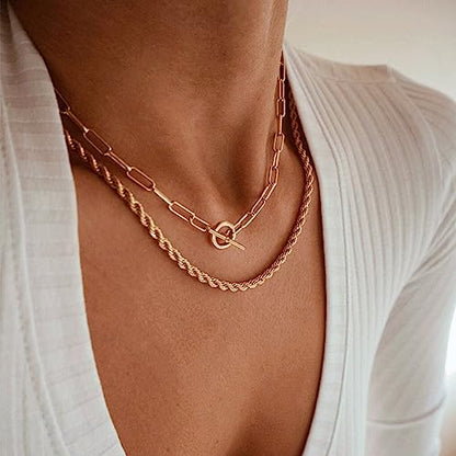 CHESKY 14K Gold Plated Layered Chain Necklace for Women | Trendy Cuban Link Chain, Chunky Paperclip Chain, Toggle Clasp Necklace, Fashion Gold Jewelry, Daily Gift for Women - style: Paperclip Rope-GD