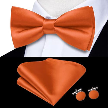 Hi-Tie 5Pcs Mens Solid Color Silk Tie Satin Pretied Bowtie Lapel Pin for Men Handkerchief Cufflink Wedding Gift Box - color: Burn Orange