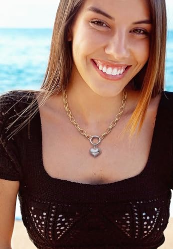 Aobei Pearl 18K Gold Plated Moon Star Lion Evil Eye Love Heart Cross Pendant Necklace Medallion Paperclip Chian Choker Layering Jewery for Women - color: Two-tone Necklace