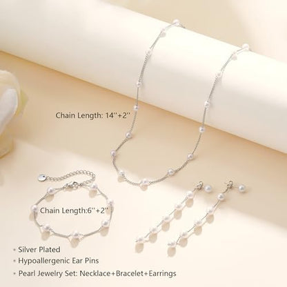 Pearl Necklaces for Women Trendy, 18K Gold/Silver Plated Layered Pearl Necklaces Dainty Pearls Choker Necklace and Earring Set Birthday Gifts for Mom Wife Daughter Sister Friends - color: Pearl Choker Set-Silver