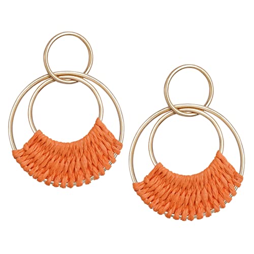 Raffia Hoop Earrings for Women Fun Boho Summer Beach Earrings Lightweight Handmade Straw Wicker Rattan Dangle Earrings Statement Geometric Round Drop Earrings - color: Orange - Round