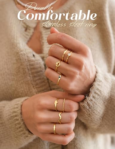 YADOCA 8pcs 2MM Stainless Steel Rings for Women Men 14K Gold Plated Stacking Rings Fashion Simple Plain Knuckle Stacking Midi Thumb Dainty Thin Heart Knot Stackable Statement Band Rings Set Size 5-11 - color: Gold