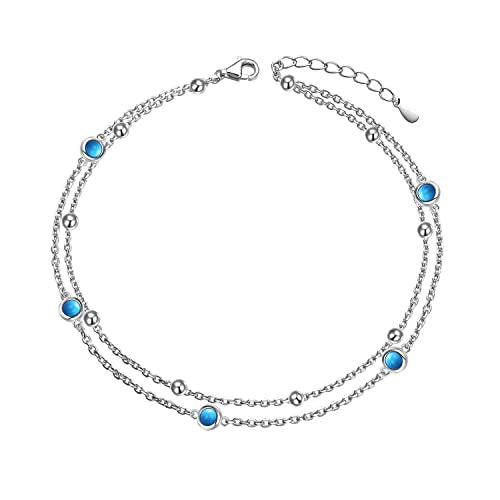 Flyow Anklet for Women S925 Sterling Silver Adjustable Foot Beaded Heart Charm Ankle Bracelet Anklets Jewelry - style: turquoise