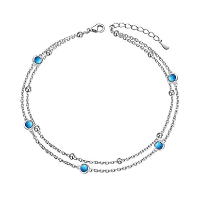 Flyow Anklet for Women S925 Sterling Silver Adjustable Foot Beaded Heart Charm Ankle Bracelet Anklets Jewelry - style: turquoise