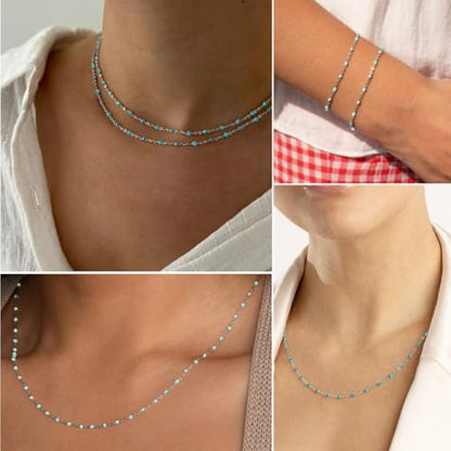 33FT 2mm Gold Cable Chains Light Blue Enamel Chains Bulk for Jewelry Making | 18K Gold PVD Plated Stainless Steel Enamel Beaded Chains Roll for Necklace Bracelet - color: Gold Light Blue Beads