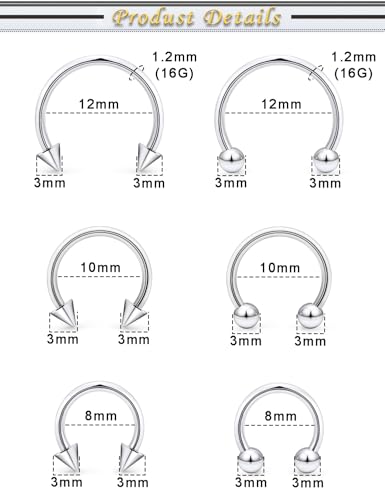 6PCS Septum Rings 18G Stainless Steel Nose Septum Ring Horseshoe Earring Eyebrow Lip Smiley Piercing Jewelry for Women Men Inner Diameter 8mm/10mm/12mm - color: silvertone,ball+spike closure
