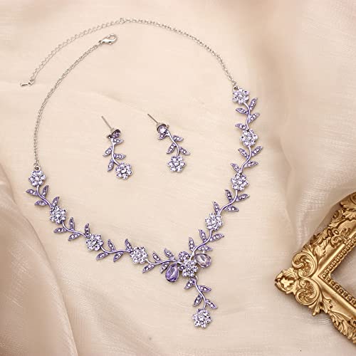 Flower Leaf Crystal Pendant Necklace Dangle Earrings Link Bracelet Bride Bridesmaid Jewelry Sets for Women Wedding Party - color: Violet-Platinum Plated
