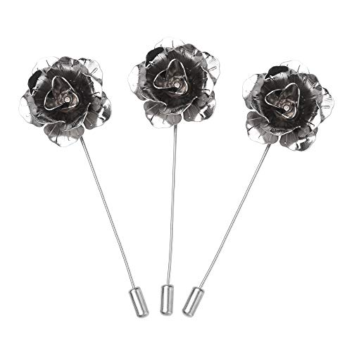 COSMOS Pack of 3 Men's Suit Metal Rose Lapel Flower Pin - color: Silver Tone