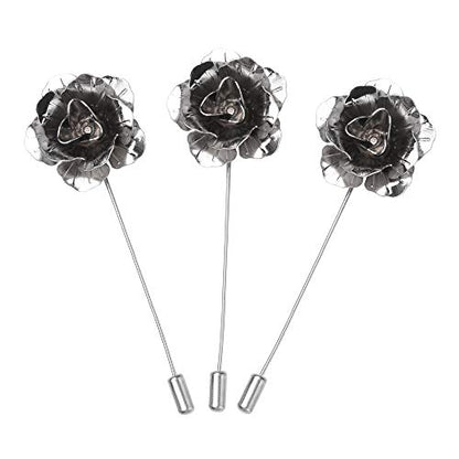 COSMOS Pack of 3 Men's Suit Metal Rose Lapel Flower Pin - color: Silver Tone